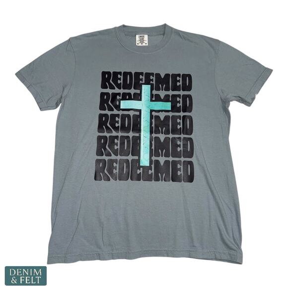 NEW Comfort Colors Redeemed Cross Graphic Christian Faith Tee Blue Gray - Picture 2 of 6